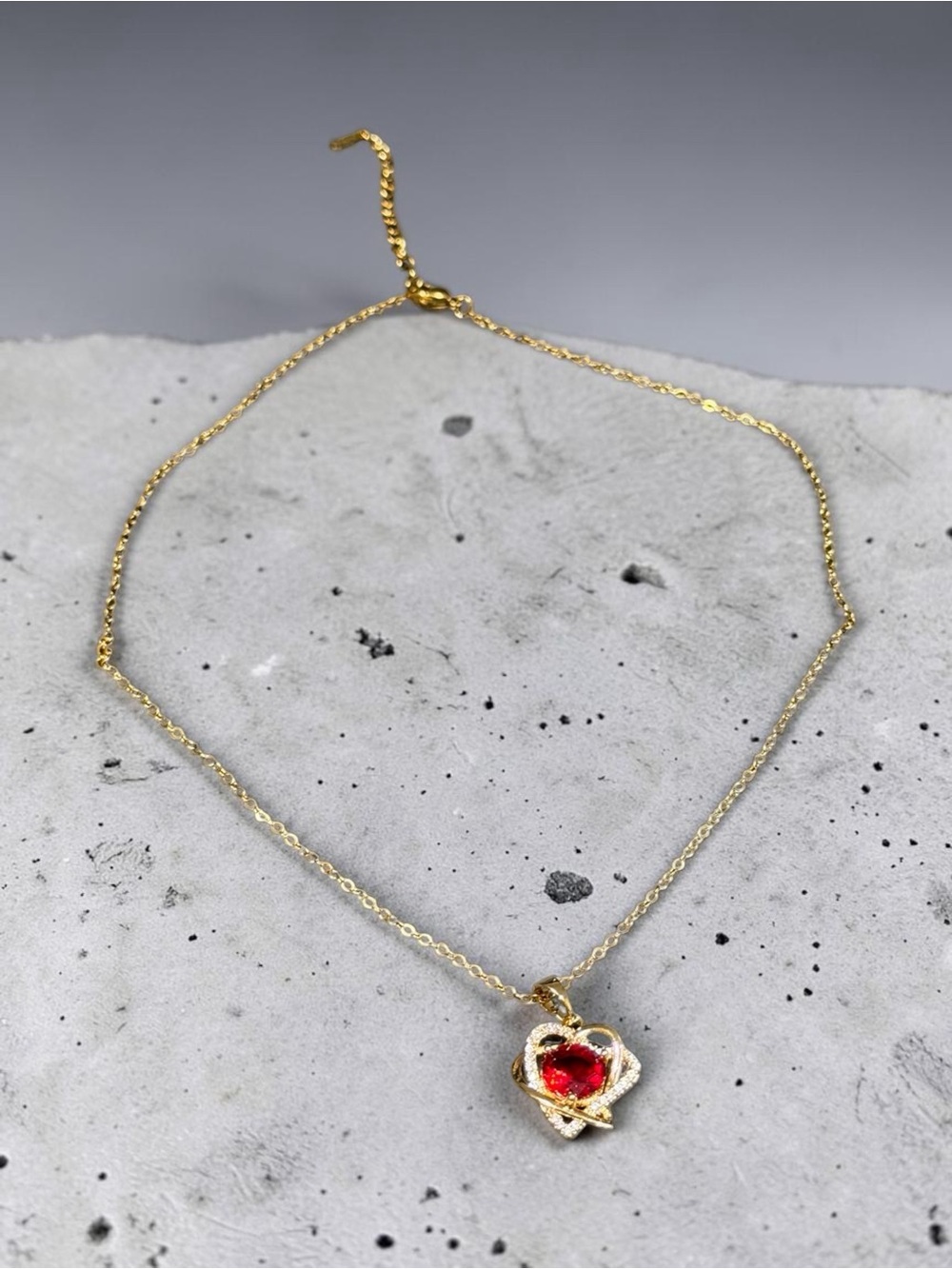 Stainless Steel Gold Tone Necklace with Red Heart Pendant